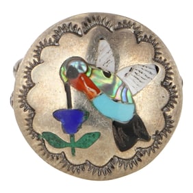 Vintage Zuni Turquoise Coral Lapis Malachite & Mother of Pearl Inlay Hummingbird Bird Ring