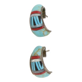 Vintage Zuni Turquoise Coral & Mother of Pearl Inlay Earrings