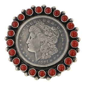 Kathleen Livingston Navajo Mediterranean Coral & Morgan Dollar Adjustable Ring