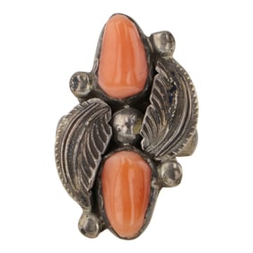 Vintage Navajo Coral Two Stone Ring