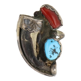 Vintage Navajo Turquoise & Coral Badger Claw Ring