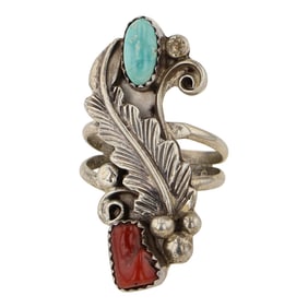 Vintage Navajo Turquoise & Coral Ring