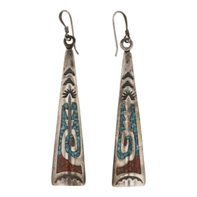 Vintage Navajo Turquoise & Coral Chip Inlay Earrings