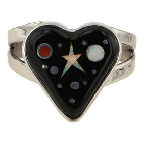 Mathew Jack Navajo Acoma Jet Coral & Synthetic Opal Inlay Ring