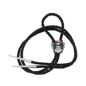 Zuni Turquoise Coral Mother of Pearl Acoma Jet & Shell Inlay Thunderbird Bolo Tie