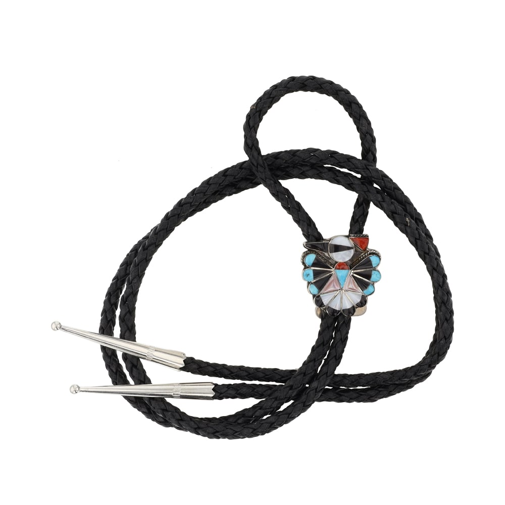 Zuni Turquoise Coral Mother of Pearl Acoma Jet & Shell Inlay Thunderbird Bolo Tie (1 of 3)