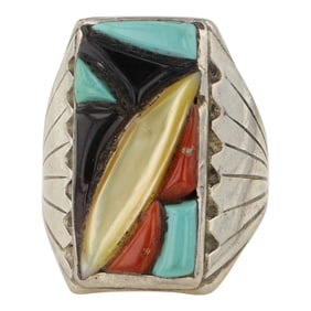 Richard & Geneva Terrazas Zuni Vintage Turquoise Coral Acoma Jet & Shell Inlay Men's Ring