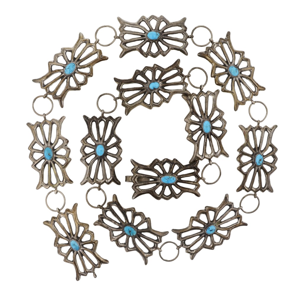 Vintage Navajo Kingman Turquoise Sandcast Link Concho Belt: Sterling Silver | Genuine Kingman Turquoise | Vintage Navajo Kingman Turquoise Sandcast Link Concho Belt | Navajo Native American Southwest Indian Jewelry | Good (no breaks or damages) | Approximate W
