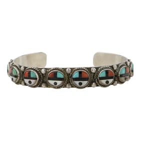 Vintage Zuni Turquoise Coral Acoma Jet & Mother of Pearl Inlay Bracelet