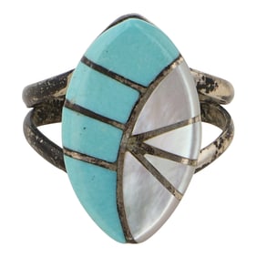 Vintage Zuni Turquoise & Mother of Pearl Inlay Ring