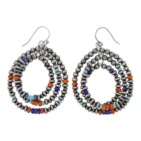 Navajo Oxidized Beads Turquoise Lapis & Spiny Oyster Mixed Sized Three Strand Earrings
