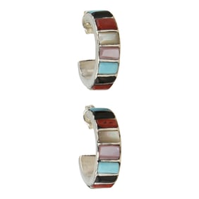 Zuni Turquoise Coral Acoma Jet & Shell Inlay Hoop Earrings
