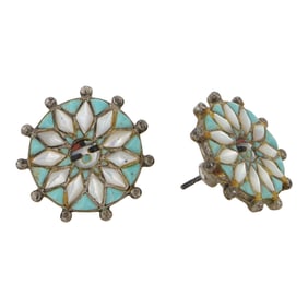 Vintage Zuni Turquoise Coral Acoma Jet & Mother of Pearl Inlay Earrings