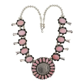 Gilbert Nez Navajo Pink Conch Shell & Morgan Silver Dollar Necklace