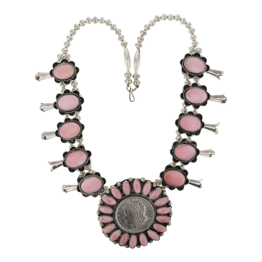Gilbert Nez Navajo Pink Conch Shell & Morgan Silver Dollar Necklace (1 of 4)
