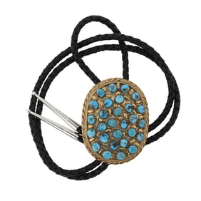 Navajo Kingman Turquoise Sterling Silver & Gold Filled Bolo Tie