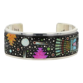 Mathew Jack Navajo Turquoise Coral Acoma Jet & Synthetic Opal Micro Inlay Detailed Cuff Bracelet