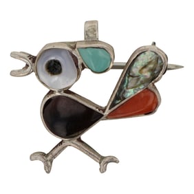 Vintage Zuni Turquoise Coral Mother of Pearl & Shell Inlay Pin / Pendant
