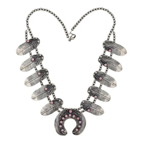 Kobe Martinez Navajo Pink Conch Feather Squash Blossom Necklace