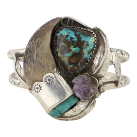 Vintage Navajo Turquoise Amethyst & Bear Claw Bracelet