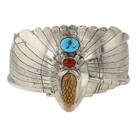 Ray Winner Award Winning Southwest Anglo Artist Turquoise & Coral Eagle Cuff Bracelet
