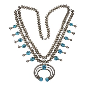 Emily Tsosie Navajo Sleeping Beauty Nugget Turquoise Handmade Stamped Beads Squash Blossom Necklace