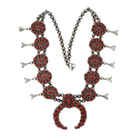 Kathleen Livingston Navajo Ox Blood Mediterranean Coral Cluster Squash Blossom Necklace