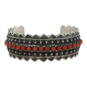 Ray Bennett Navajo Mediterranean Coral Stamp Work Detailed Row Cuff Bracelet