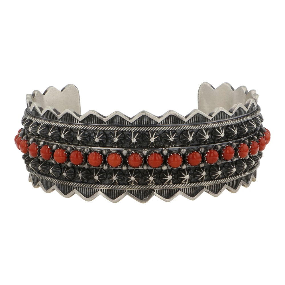 Ray Bennett Navajo Mediterranean Coral Stamp Work Detailed Row Cuff Bracelet