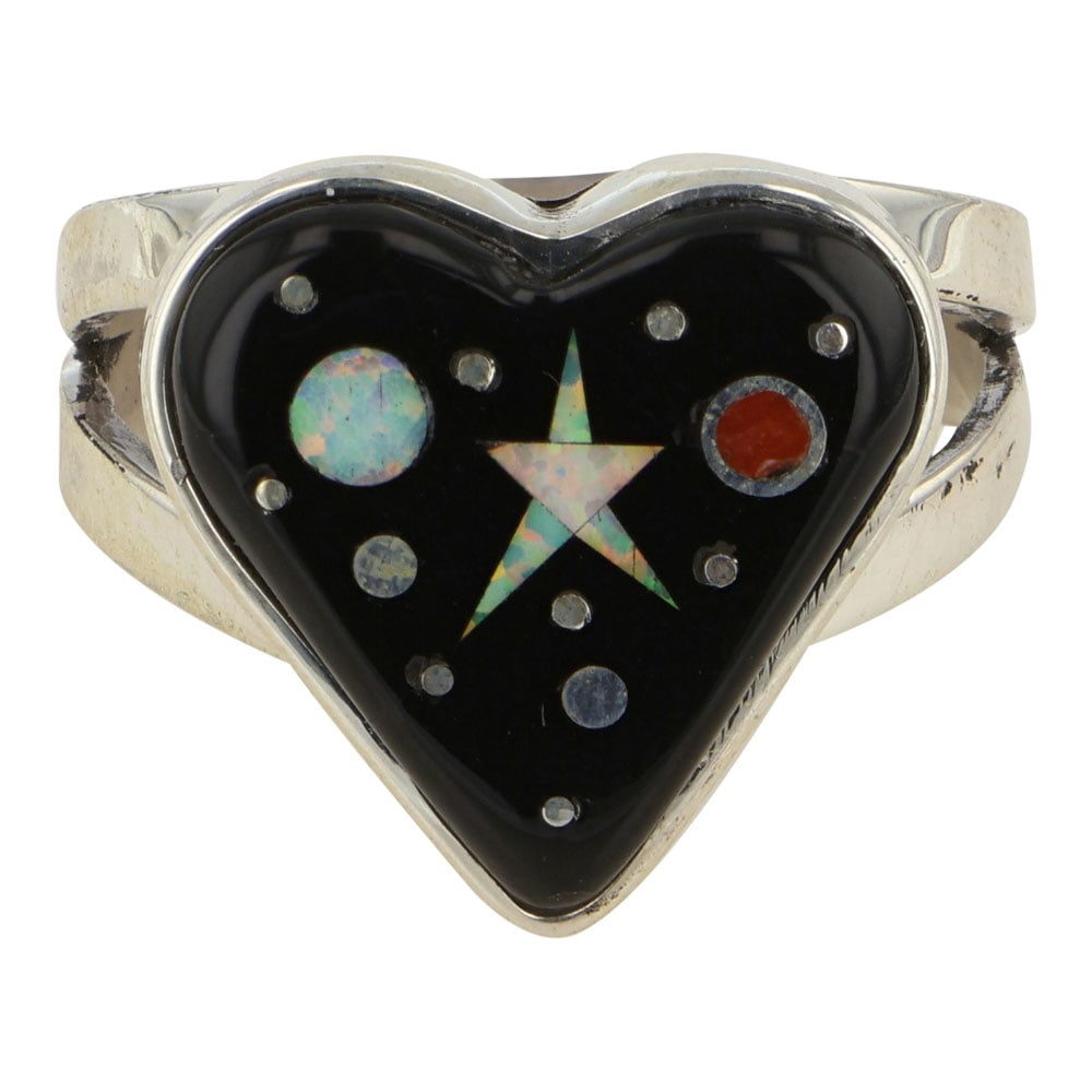 Mathew Jack Navajo Acoma Jet Coral & Synthetic Opal Micro Inlay Ring (1 of 3)