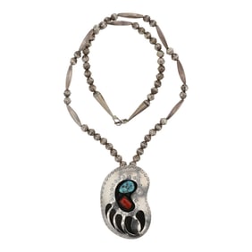 Vintage Navajo Turquoise & Coral Bear Paw Necklace