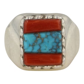 Navajo Spiderweb Turquoise & Mediterranean Coral Inlay Ring