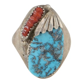 Lyolita Tsatte Zuni Vintage Turquoise & Coral Ring