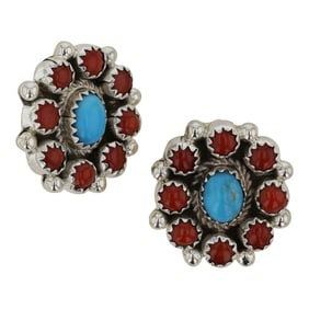 Navajo Turquoise & Coral Cluster Earrings