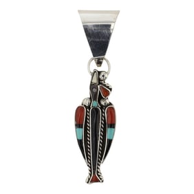 Zuni Turquoise Coral & Acoma Jet Inlay Bird Pendant