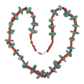 Vintage Navajo Turquoise & Mediterranean Coral Necklace