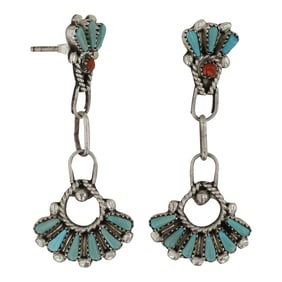 Vintage Zuni Turquoise & Coral Needlepoint Earrings