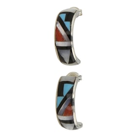 Zuni Turquoise Coral Acoma Jet & Mother of Pearl Inlay Hoop Earrings