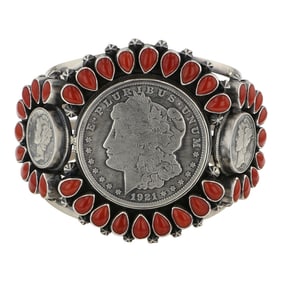 Mark Yazzie Navajo Mediterranean Coral Morgan Silver Dollar & Mercury Dime Cluster Cuff Bracelet