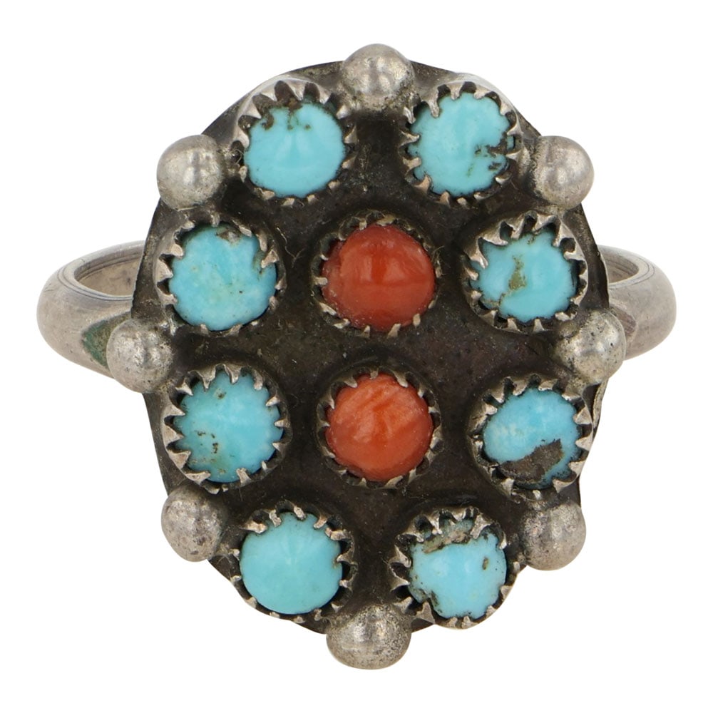 Vintage Navajo Turquoise & Coral Ring: Sterling Silver | Genuine Turquoise & Coral | Vintage Navajo Turquoise & Coral Ring | Navajo Native American Southwest Indian Jewelry | Good (no breaks or damages) | Approximate Weight: 4 Grams | Ring