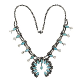 Lydia Begay Navajo Compitos Turquoise Squash Blossom Necklace