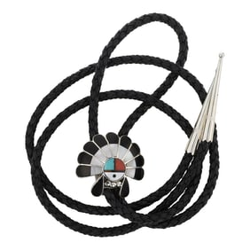 Zuni Turquoise Coral & Mother of Pearl Inlay Bolo Tie