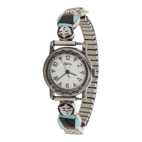 Zuni Turquoise Coral Mother of Pearl & Jet Inlay Watch Bracelet