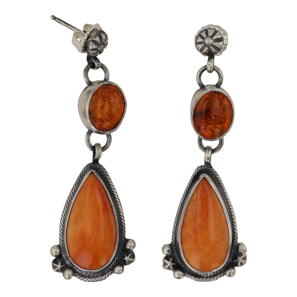 Randy Billy Navajo Amber & Spiny Oyster Earrings: Sterling Silver | Genuine Amber & Spiny Oyster | Randy Billy Navajo Amber & Spiny Oyster Earrings | Navajo Native American Southwest Indian Jewelry | Good (no breaks or damages) | Approximate Weight: