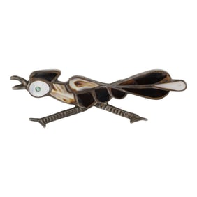 Vintage Zuni Acoma Jet Mother of Pearl & Shell Inlay Roadrunner Pin