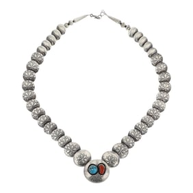 Navajo Turquoise & Coral Stamped Pillow Beads Necklace
