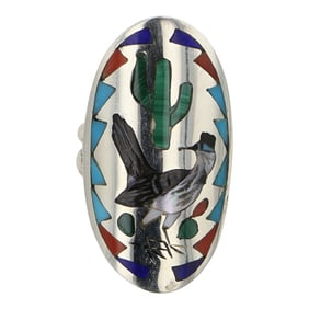 Quentin Quam Award Winning Artist Turquoise Coral lapis Mother of Pearl & Malachite Road Runner Ring