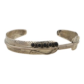 Navajo Black Onyx Feather Cuff Bracelet