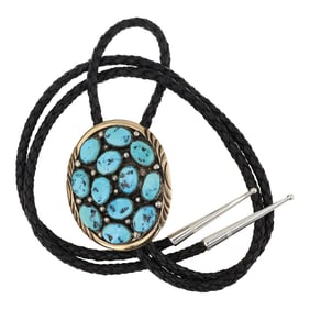 Navajo Kingman Turquoise Sterling Silver & Gold Filled Bolo Tie