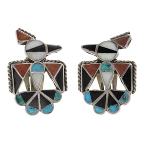 Vintage Zuni Turquoise Coral & Shell Inlay Thunderbird Clip-on Earrings